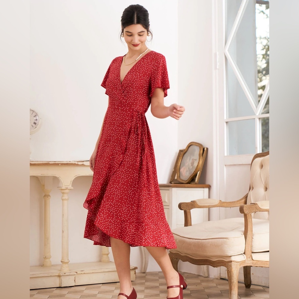 RIHOAS Red Polka Dot Wrap Maxi Dress